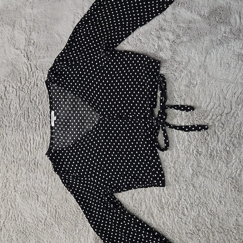 Papaya Black and White Polka Dot Blouse front tie cropped bat sleeves blouse L